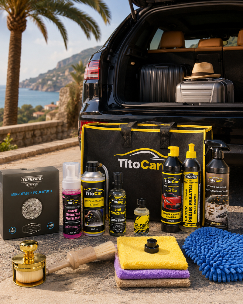 TitoCar Vakantiepakket Compleet auto detailing set in kofferbak met grote tas en producten