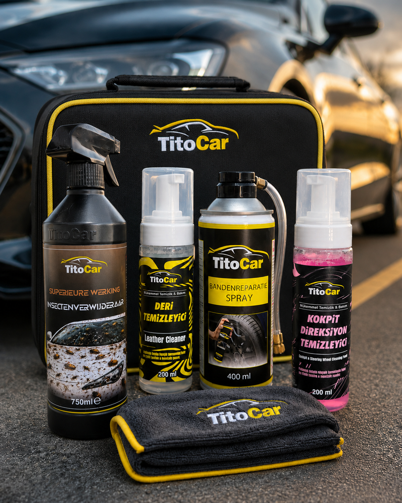 TitoCar Vakantiepakket Mini auto-verzorgingsset met tas, sprays en microvezeldoek